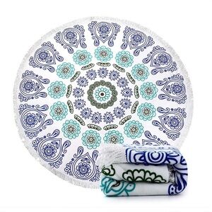 Beach Towel Lotus Flower Print turquoise blue Round with White Fringe Trim